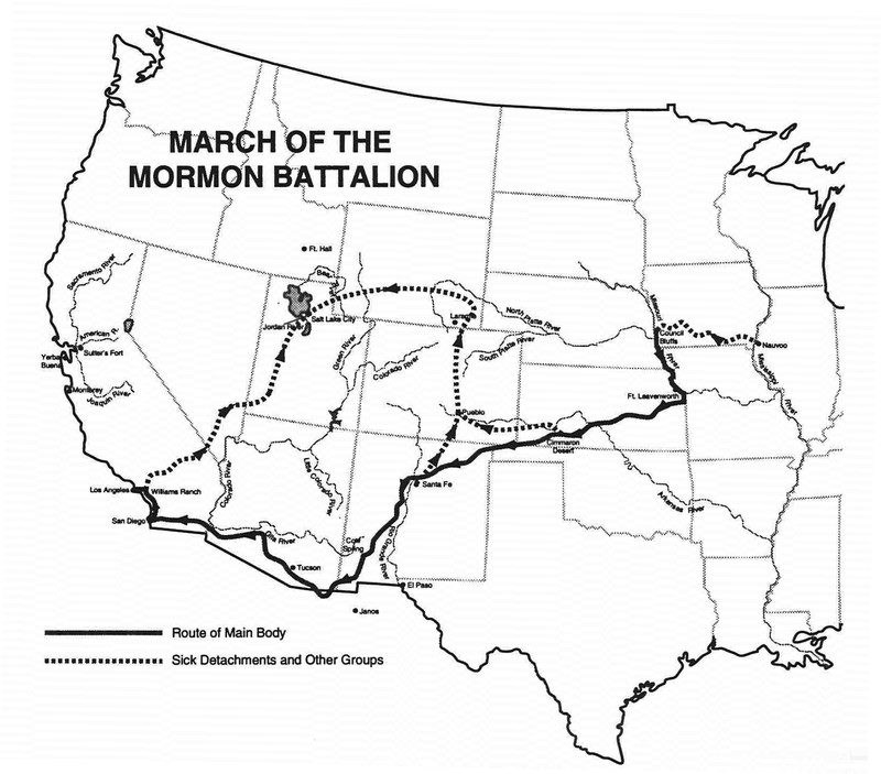 Map detailing the march of the Mormon Battalion