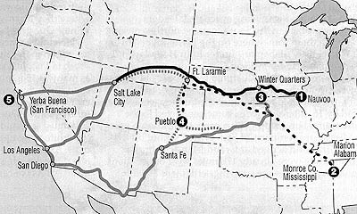 Map of various routes west taken by Mormon Pioneers