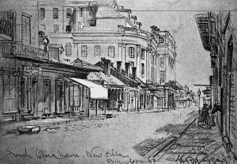 Circa 1841 sketch of the French Opera House on Bourbon Street. Courtesy of the Alfred R. Waud Drawings, The Historic New Orleans Collection.