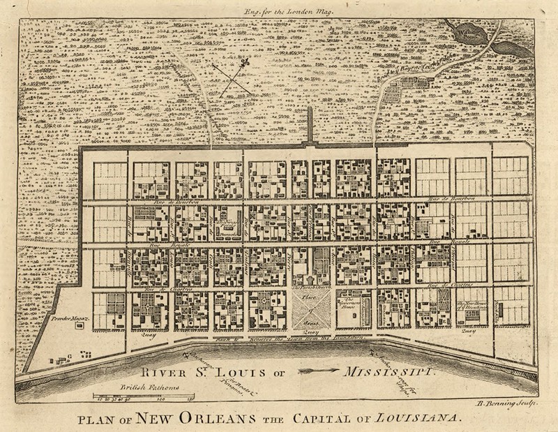 New Orleans, Louisiana, 1761. Map by Richard Benning. Courtesy of Norman B. Leventhal Map Center at the Boston Public Library. Rue de Bourbon (Bourbon Street) is the northern most street running east to west