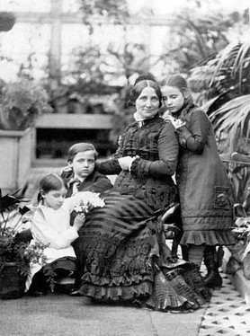 Lucy Hayes in the White House Conservatory with three of her children. Though mocked for her policy of temperance (which forbade the use of alcoholic beverages), she was an extraordinarily popular First Lady.