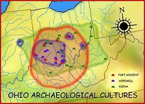 Geographic distribution of the Adena (800 BCE–100 AD), Hopewell (200 BCE–500 AD), and Fort Ancient (1000–1750 AD) cultures.