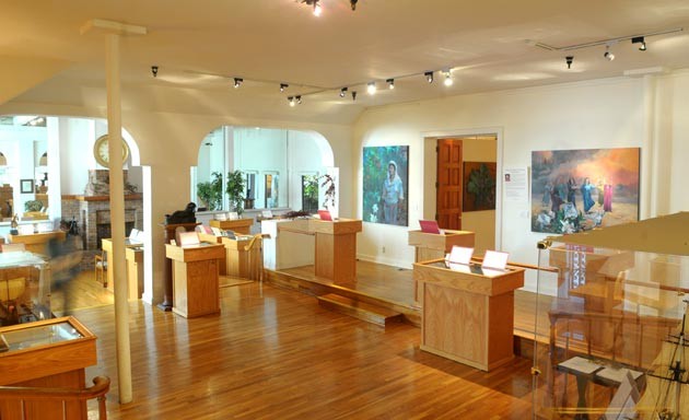 Interior of the library with display cases.