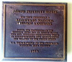 Plaque designating the Joseph Priestley House as a National Historic Landmark. Presented in 1965. 