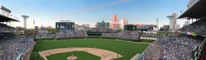 Modern-day Wrigley Field with the left and right field scoreboards in place.