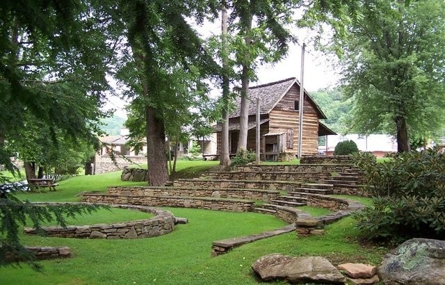 The Mountain Gateway Museum and Heritage Center is located in a building that was constructed by the WPA during the Great Depression. This picture displays one of the cabins and the outdoor amphitheater on the grounds.