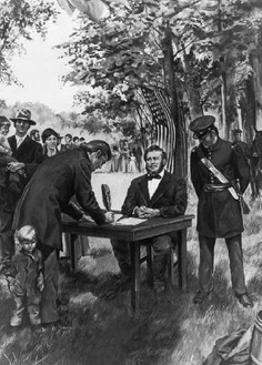Brigham Young mustering the Mormon Battalion in Council Bluffs, Iowa