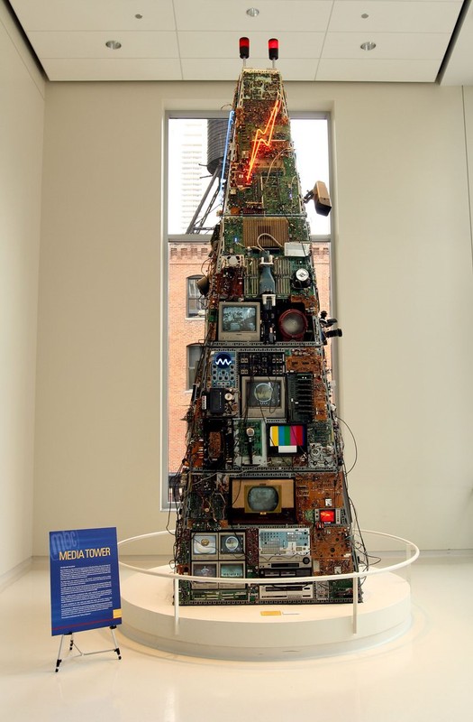 Designed by Mark Patsfall, this Media Tower sculpture is made of multiple vintage televisons and radios, some of which are still working. Image obtained from the Chicago Tribuune.