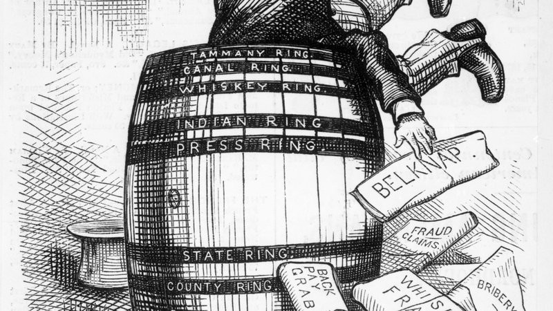 U.S. Secretary of War, William W. Belknap, dives into the Barrel of corruption. (He was impeached for malfeasancein office). Nast cartoon, 1876. (© Bettmann/CORBIS)