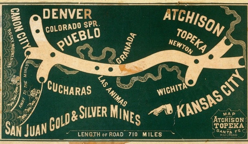 AT&SF Railroad map of routes to the Colorado gold and silver mines, ca. 1870s - 1880s (KSHS)