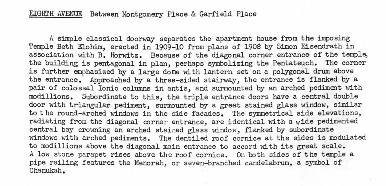 Description of Congregation Beth Elohim building in the 1973 New York City Landmark Preservation Committee Designation Report.

Taken from http://s-media.nyc.gov/agencies/lpc/lp/0709.pdf. Accessed on 10/28/2015