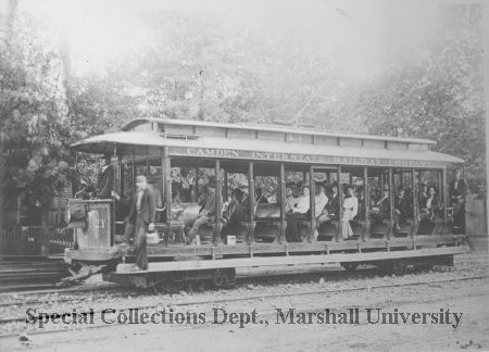 A passenger car of the Camden Interstate Railway, circa 1900. Originally named the Ohio Valley Electric Railway, its owners reverted back to that name after Sen. Camden's death in 1908.