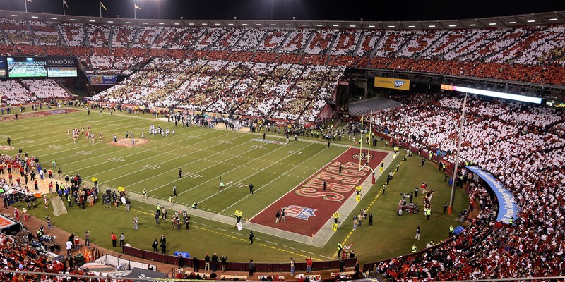 Closer look at the 49ers football field at Candlestick with "Farewell Candlestick" in the background.