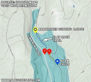 map showing where the flat rock trial is and where Adam Falls is located