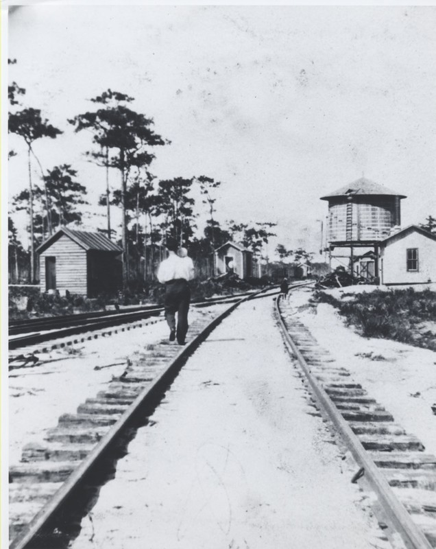 Mayport railyard in 1913. Conductor Harry Tedder is walking the tracks holding his daughter Estelle Tedder Miligan.