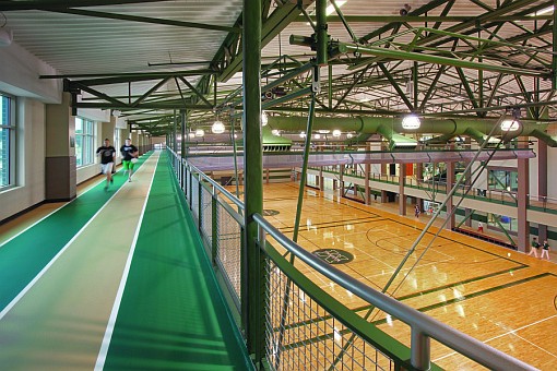 The running track and basketball courts in the Rec Center.