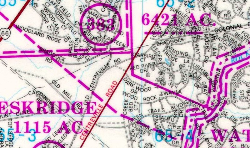 Map of 1760 Land Grants overlaid onto 1980 street map. Point P (at center of map)