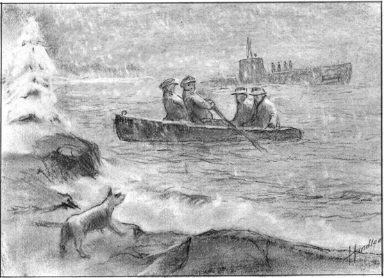Artist's rendition of the spies being brought ashore. One version of the story claims that the boat had to return to the submarine for sausages, needed to feed a suspicious dog that began barking as they landed. (Frank W. Handlen).