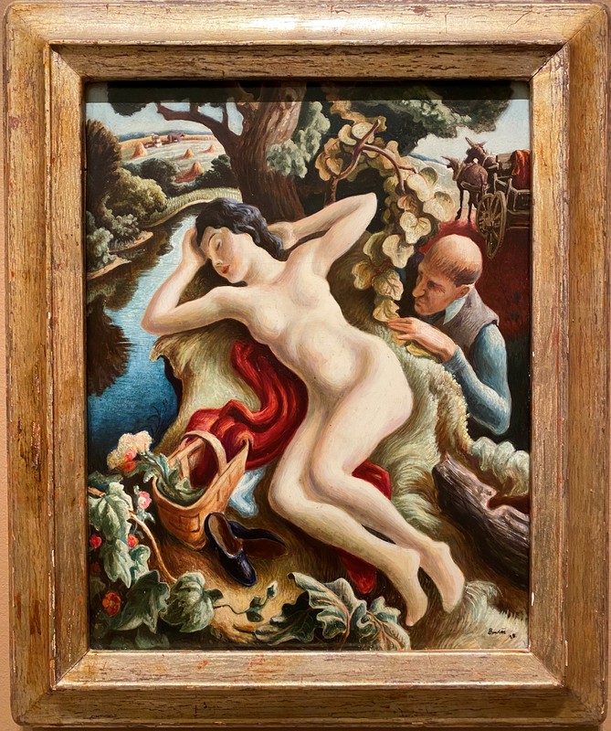 A nude white woman lays next to a stream. An old white man peeps at her from behind a tree. In less detail than the final version.