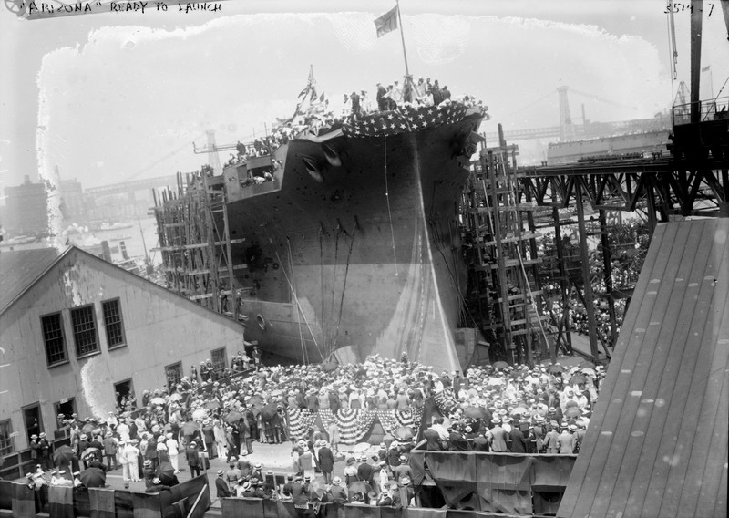 Launch of the USS Arizona in 1915 from the Brooklyn Navy Yard. The USS Arizona would later be attacked in Pearl Harbor in WWII.