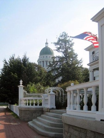 The granite steps that were constructed in 1984, with the Maine State Capitol in the distance