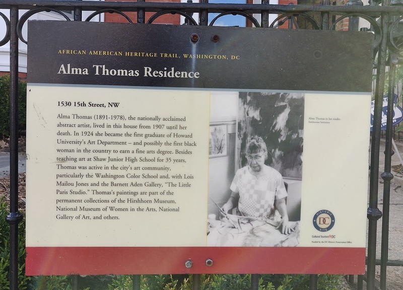 The historical placard on the outside of the Alma Thomas home placed by the American Heritage Trail