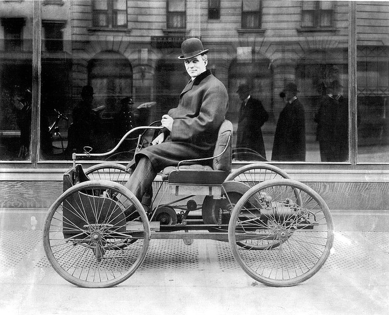 Henry Ford sitting atop is Quardricycle in 1896