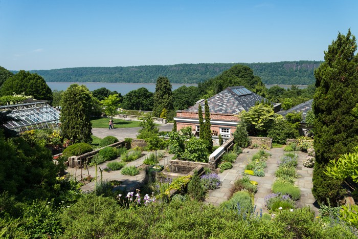 View of the gardens and Hudson River from the house