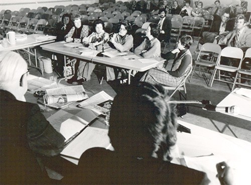 Members of the textbook selection committee testify before a National Education Association panel in December 1974.