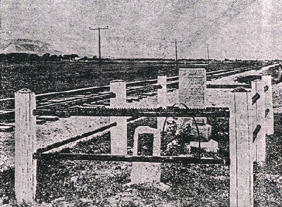 1929 photo of grave site. Fence was made in 1902 when the grave was discovered by workers of the Burlington Railroad and the smaller marker was erected in 1929 by Daughters of the American Revolution, calling Rebecca a "Real Daughter" due to her father se