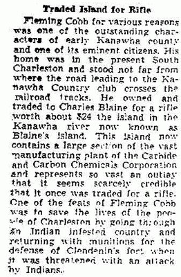 Early newspaper clipping from around 1926 describing the history of the island and Charles Blaine, for whom the island is named, and the man that supposedly traded a musket for the island from Fleming Cobb named Charles Blaine.