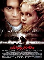 Movie poster for the movie "The Legend of Sleepy Hollow." To the left is Johnny Depp as Ichabod Crane. To the right is, Christina Ricci as Katrina Van Tassel. 
