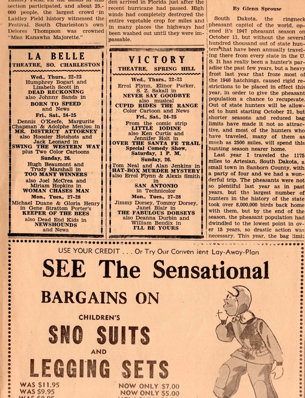 An excerpt from the South Charleston Free Press newspaper on Wednesday, Oct 22, 1947. Showtimes for Urling's two theaters, the LaBelle and Victory, are at upper left.