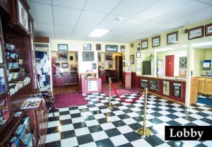 Restored lobby of the Labelle Theatre, facing the entrance to the auditorium. The concessions stand is at right.