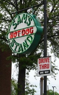 Sign for Sam's Hot Dog Stand outside the Fifth Avenue location