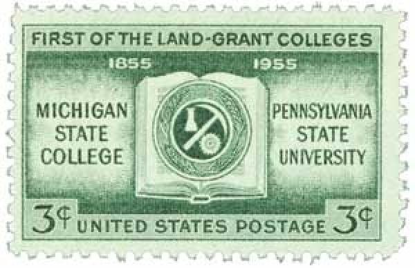 Pennsylvania State, along with Michigan State, became the first land grant colleges in the U.S. when the Morrill Act was passed. Government gave land to the schools to continue to improve agricultural education. This stamp represents the centennial.