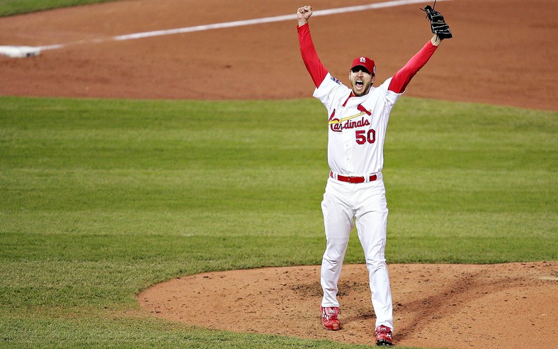Cardinal pitcher Adam Wainwright celebrating after the final out of the 2006 World Series
