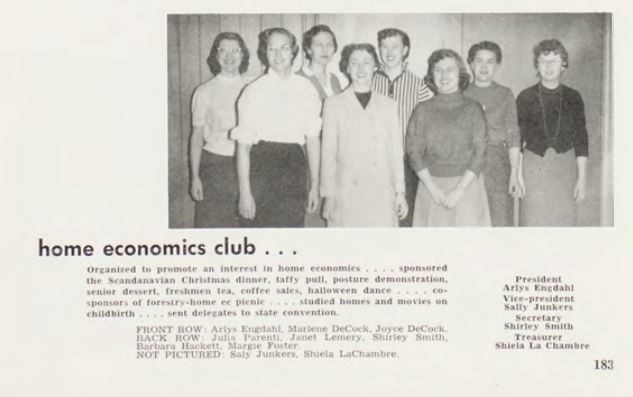 The Home Economics Club allowed students to practice new skills outside of class. The Club spent much of its time in the Women's Center; it also hosted events around campus. The Home Ec. Club frequently allied with other UM groups like the Forestry Department. (Photo 1957)