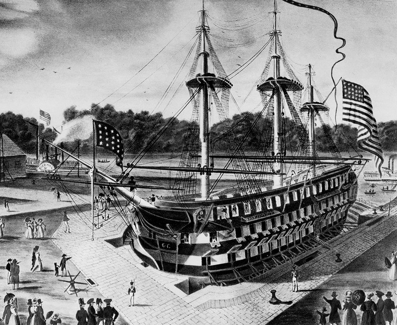 The first ship to utilize the drydock in 1833, USS Delaware.  Library of Congress.