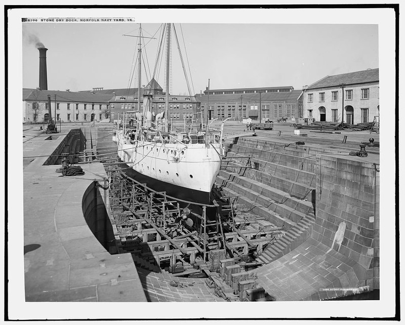 Unknown ship in Drydock #1. Due to the lack of natural stone in Virginia, granite was imported from Massachusetts. Library of Congress.