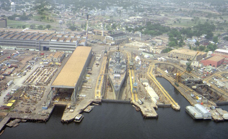 USS Iowa undergoing refit in the drydock, 1985. National Archives.