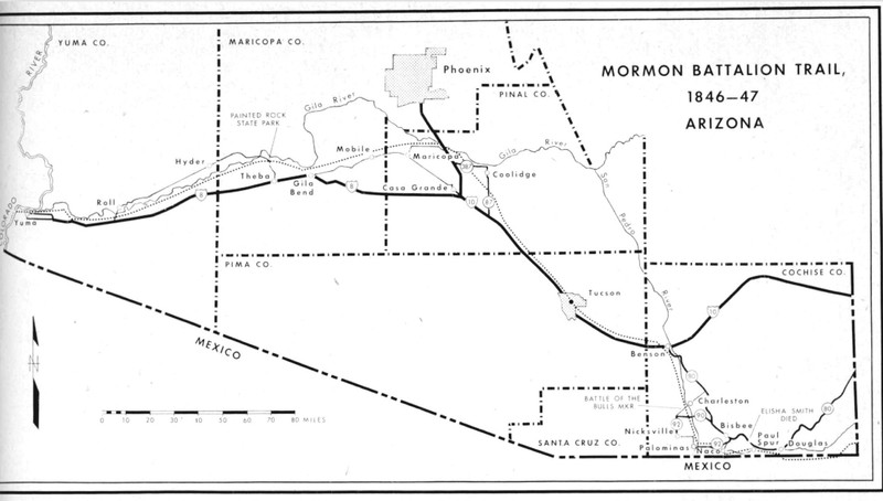 Mormon Battalion's march across Arizona. Small dotted line marks their route