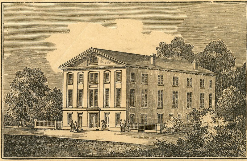 Black-and-white engraving of building facade and side from the street, surrounded by trees and with several people walking in front of the building.