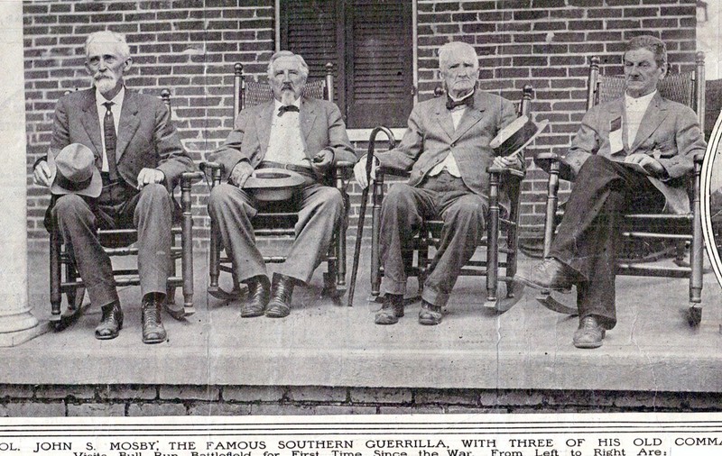 Reunion of Mosby with some of his men. Pictured from left to right are Fount Beattie, Lygurgus Hutchison, John Mosby, and George Turberville.