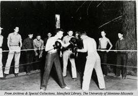 Sports were a popular way for enrolees to spend their free time. James "Spider" McCallum visited Fort Missoula to teach boxing. (ca. 1930s)