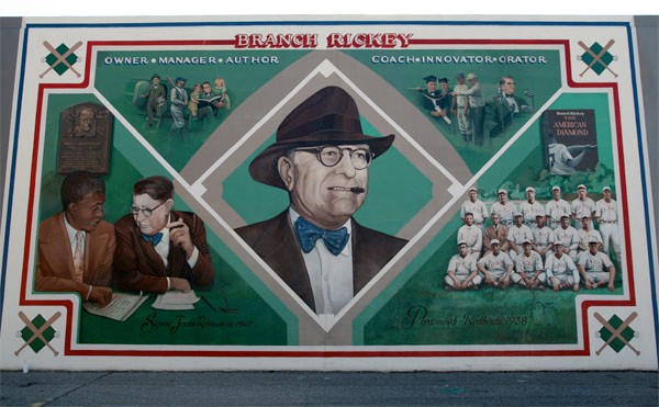 A mural of Branch Rickey, the president and general manager of the Brooklynn Dodgers who signed Jackie Robinson