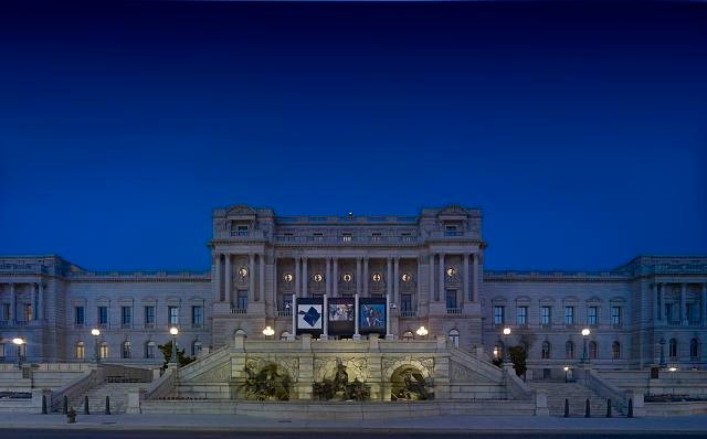 Night-time view of the facade of the Jefferson Building.