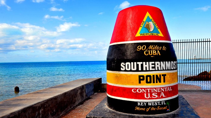 The Southernmost Point Buoy of Key West. There is a Naval Air radar installation about a mile west of this point that was constructed using fill that extended out into the ocean and that radar station is slightly more south than the buoy. 