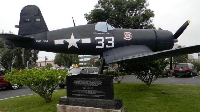 The memorial features a stone monument and a FG-1D Corsair plane, the plane that Lenart flew during the war (it is not clear if he actually flew this particular one).