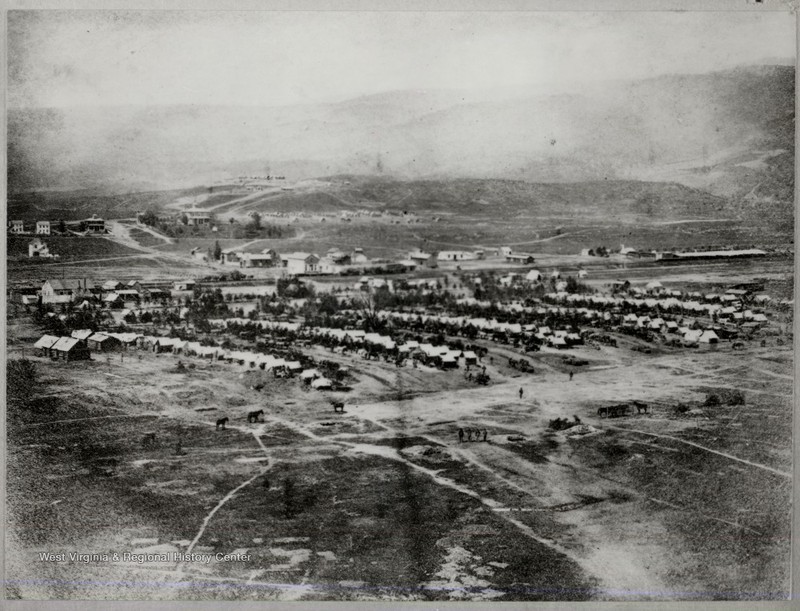 Camp of the 44th Pennsylvania Cavalry at New Creek, with Fort Fuller (Fort Kelley) on the hill in the background